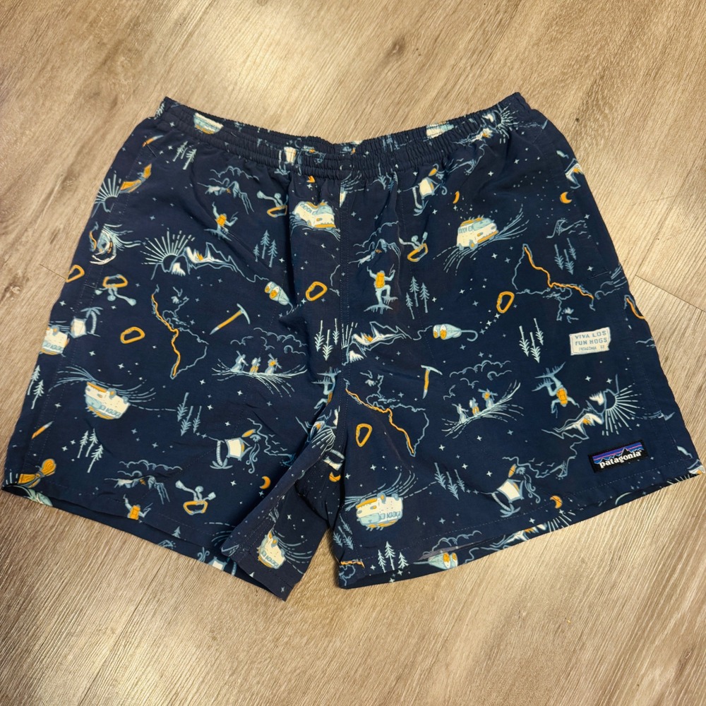 Patagonia Baggies Lights Shorts Mens Medium Navy Viva Los Fun Hogs Print 4"